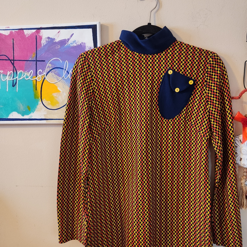 Vintage 60'sMulticolor Women's Tunic with Navy Accents